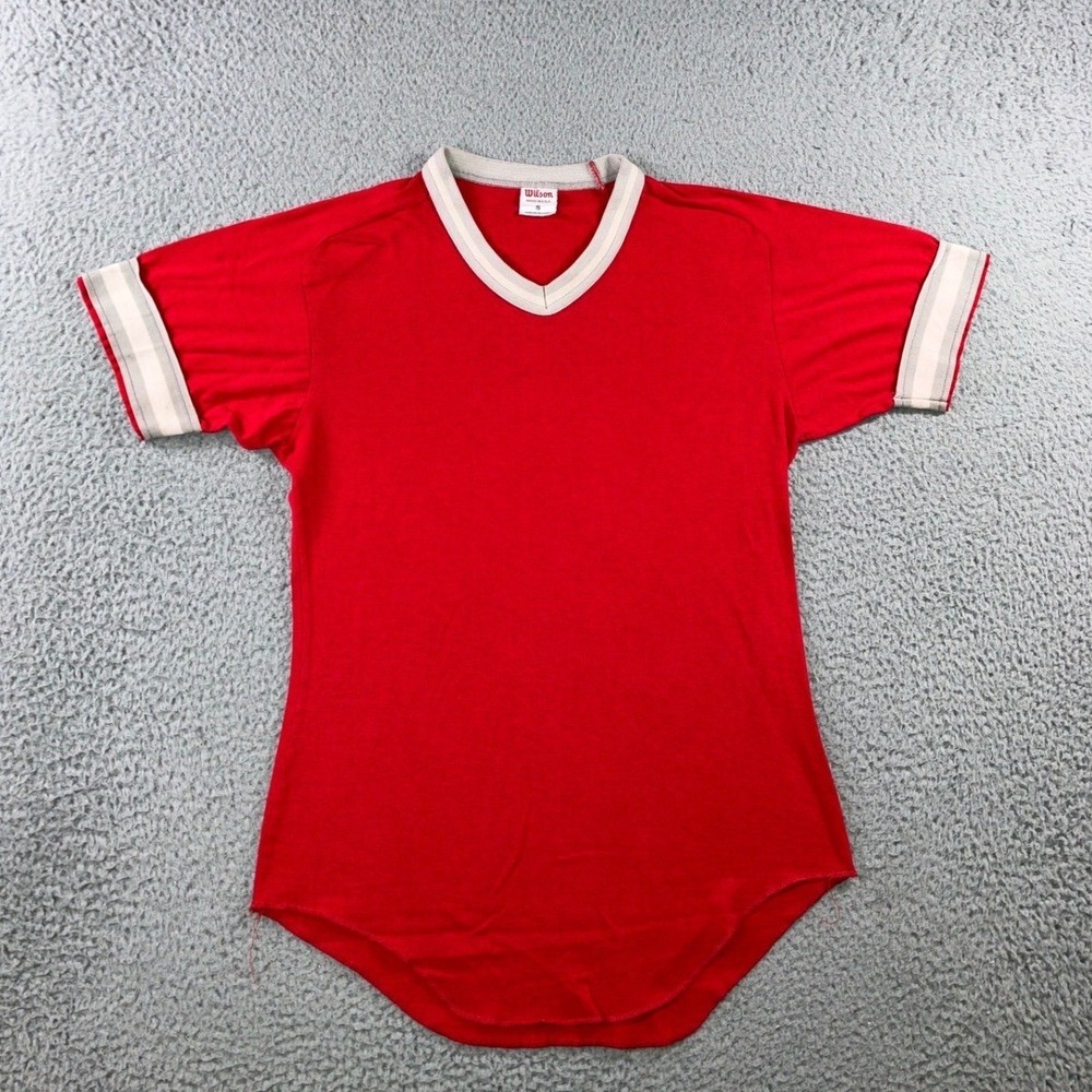 VTG 70s Wilson Blank V-Neck Baseball Jersey Shirt Red White‎ Made In USA Small S